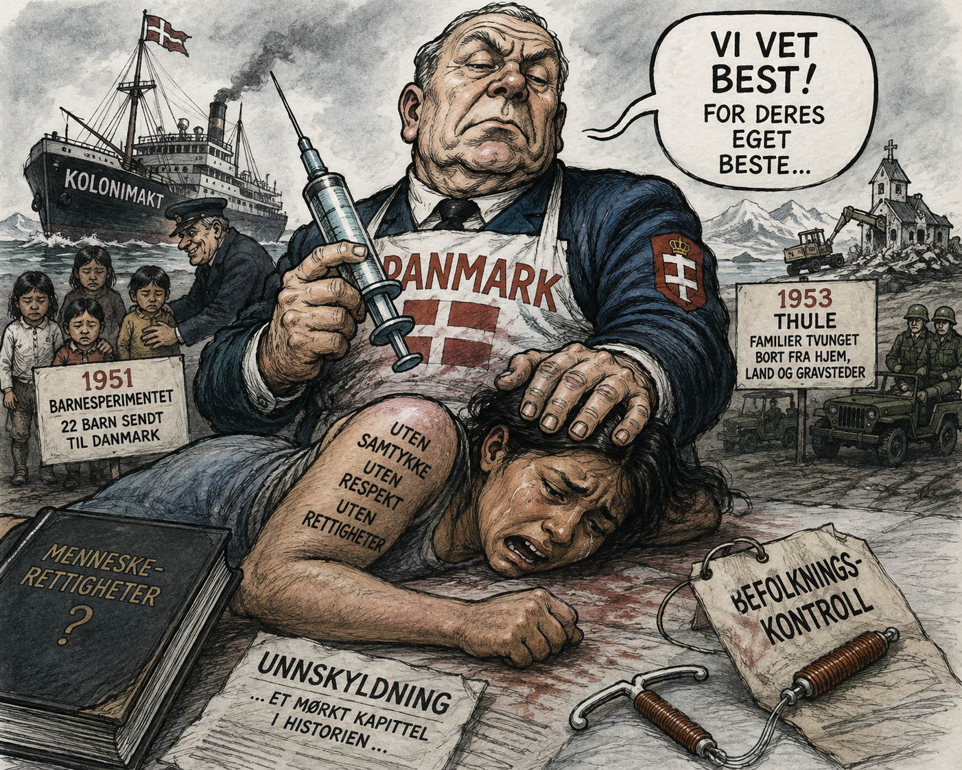 Satirisk illustrasjon av dansk kolonimakt som holder en grønlandsk kvinne nede med en sprøyte, omgitt av referanser til spiralsaken, barneeksperimentet i 1951 og tvangsflyttingen fra Thule i 1953.