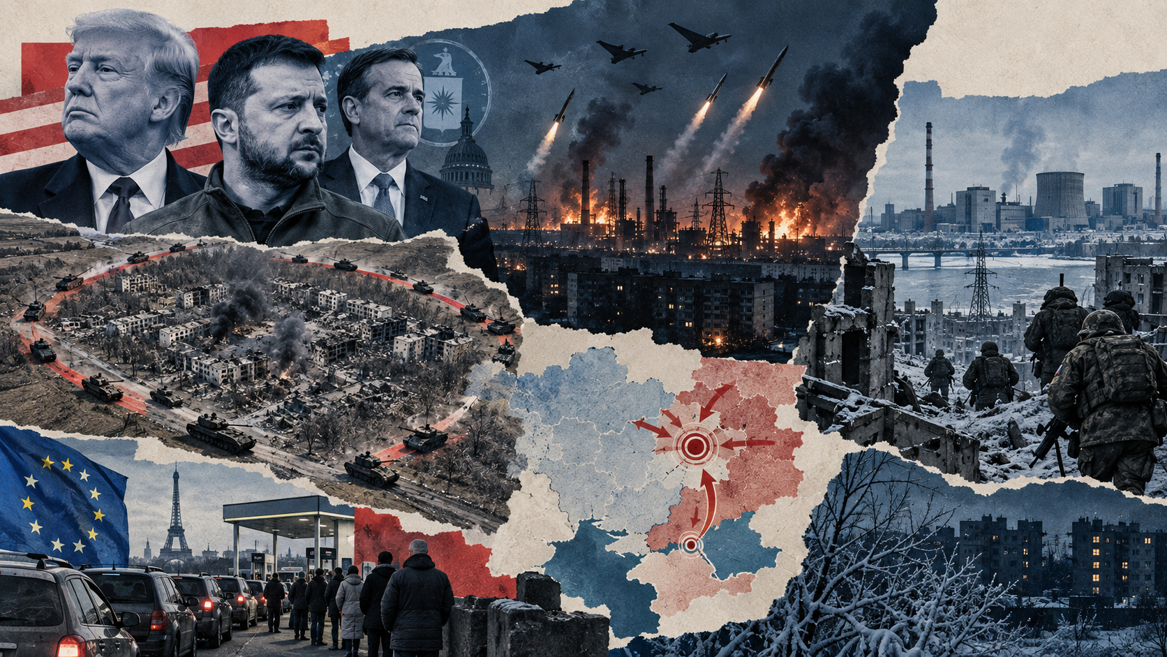 Collage showing political leaders, a burning industrial zone, an encircled city, soldiers in winter ruins, a map of battlefield developments in Ukraine, and a European fuel queue.