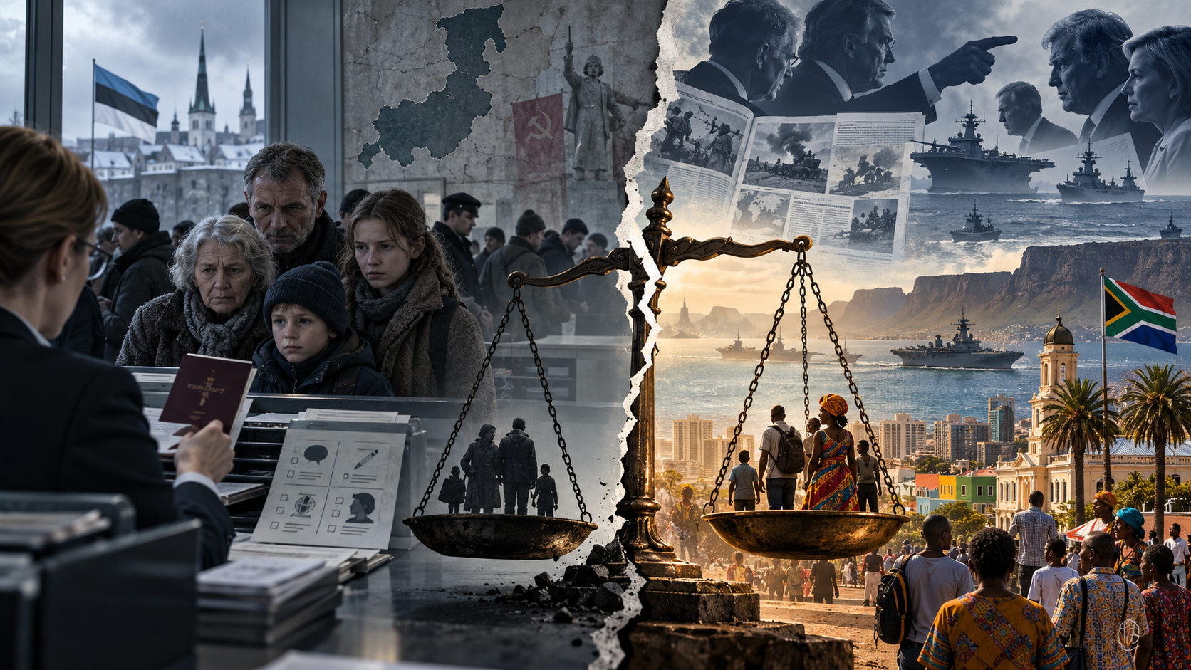Illustrative collage showing a cold immigration and citizenship scene in Estonia on the left, a family facing a document check, and a contrasting South African city scene on the right, divided by scales of justice and framed by military and media imagery symbolizing Western double standards.