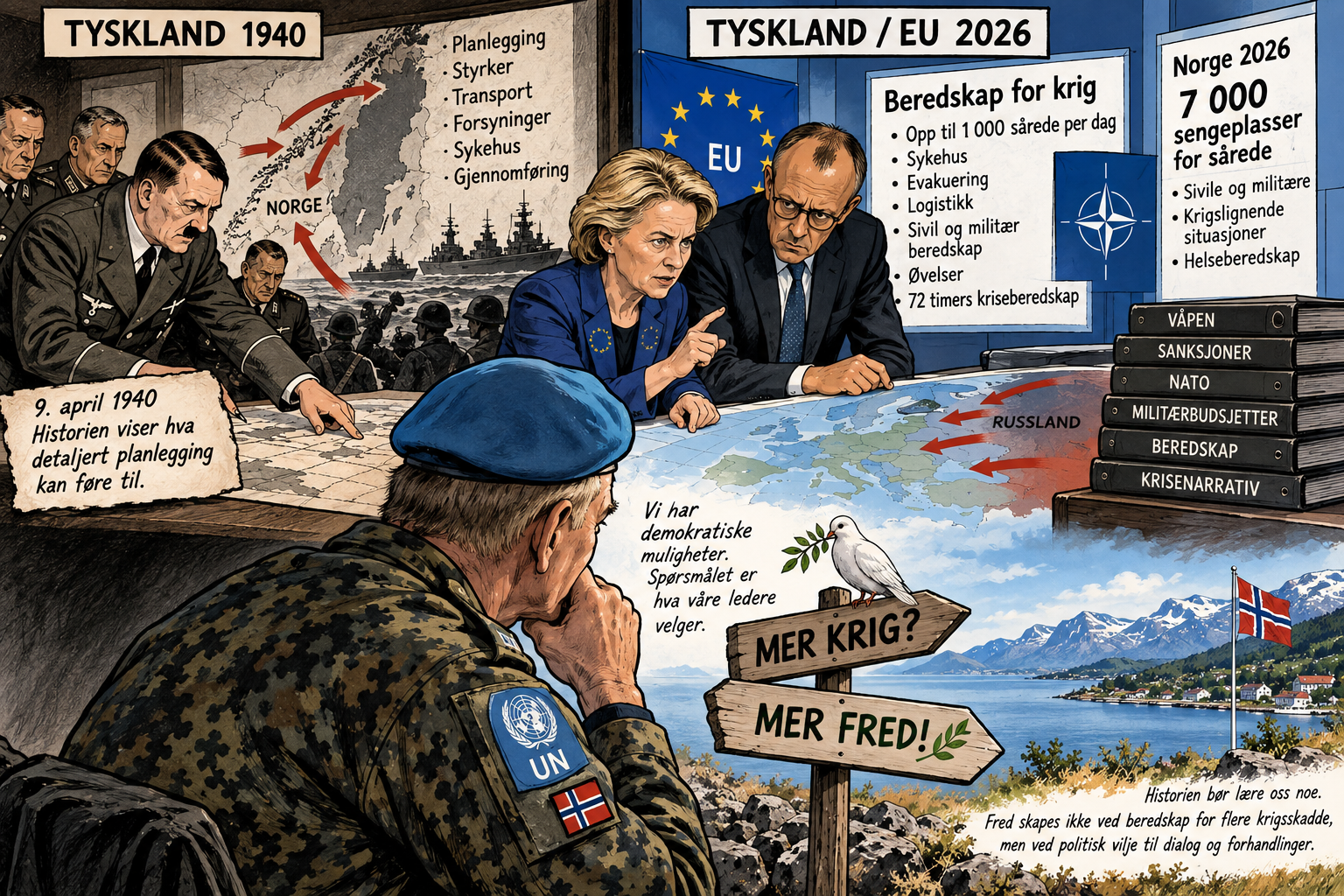 Illustrasjon som setter tysk krigsplanlegging før invasjonen av Norge i 1940 opp mot dagens europeiske beredskap, med EU, NATO, Tyskland og Norge som forbereder helsevesen og samfunn på mulig krig.