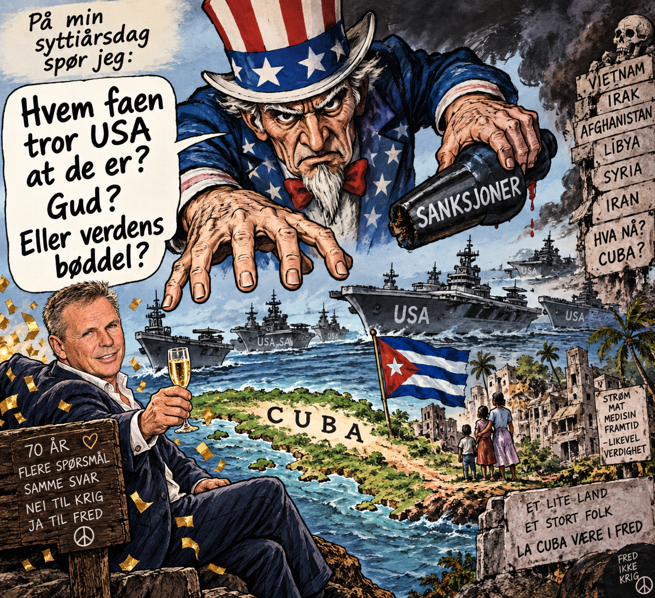 Satirisk illustrasjon av Uncle Sam som truer Cuba med sanksjoner og amerikanske krigsskip, ledsaget av spørsmålet «Hvem faen tror USA at de er? Gud? Eller verdens bøddel?»