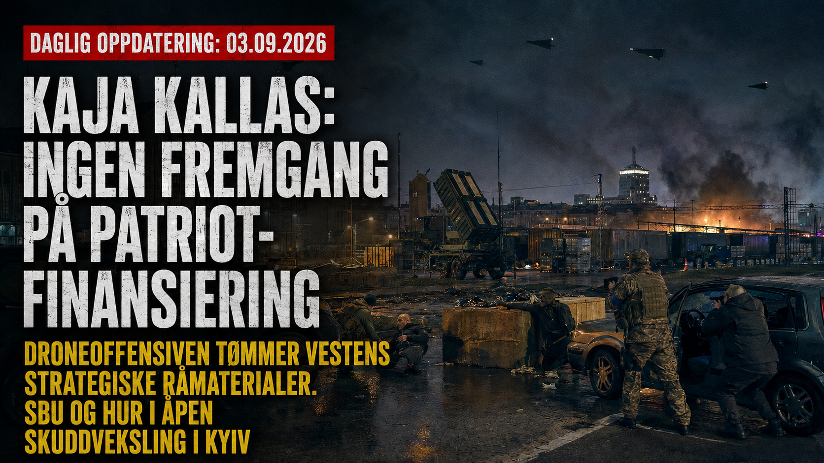 Mørk krigsillustrasjon fra Kyiv med ukrainske sikkerhetsstyrker i væpnet konfrontasjon nær jernbaneområdet, Patriot-luftvern i bakgrunnen, droner over byen og branner i industrisonen.