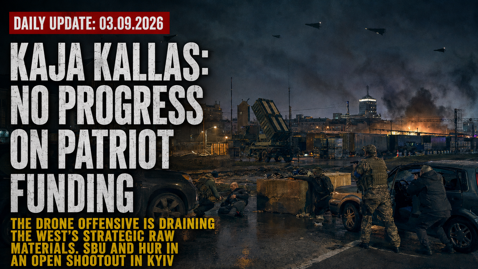 Dark wartime illustration of Kyiv showing Ukrainian security forces in an armed confrontation near the railway district, Patriot air-defense equipment in the background, drones overhead, and fires burning across the industrial area.