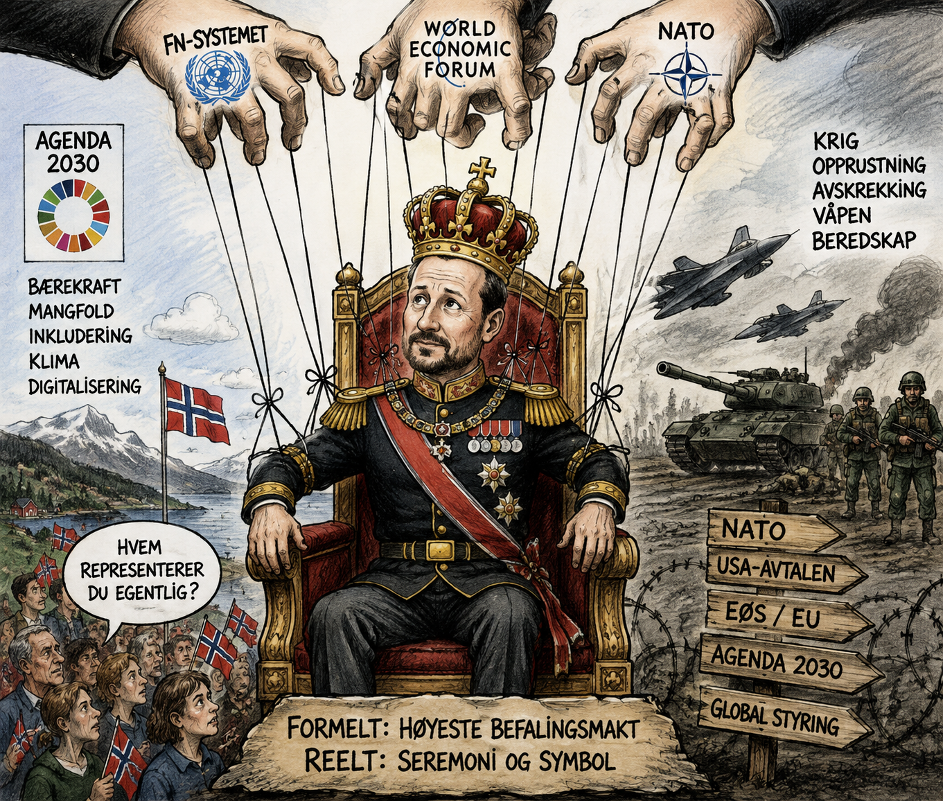 Satirisk illustrasjon av Kong Haakon VIII på tronen, styrt som en marionett av FN-systemet, World Economic Forum og NATO, mens norske borgere spør hvem han egentlig representerer.