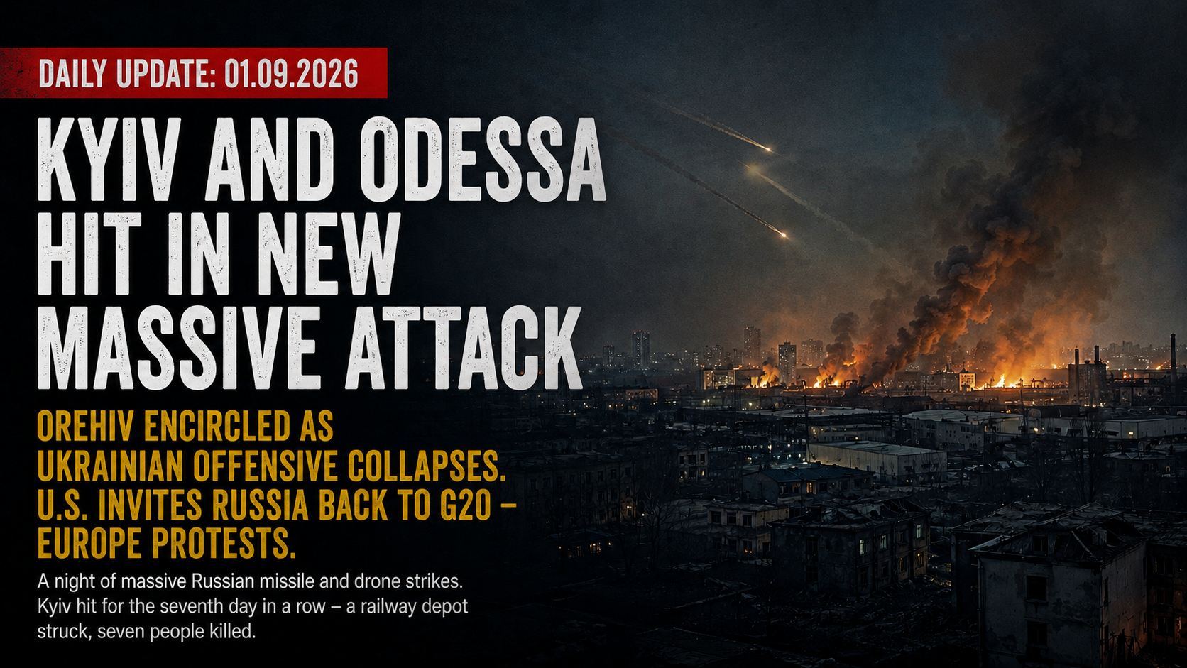 Illustrasjon av et nattlig storangrep mot en ukrainsk by, med missiler over himmelen, branner i industriområder og overskrift om nye angrep mot Kyiv og Odessa.