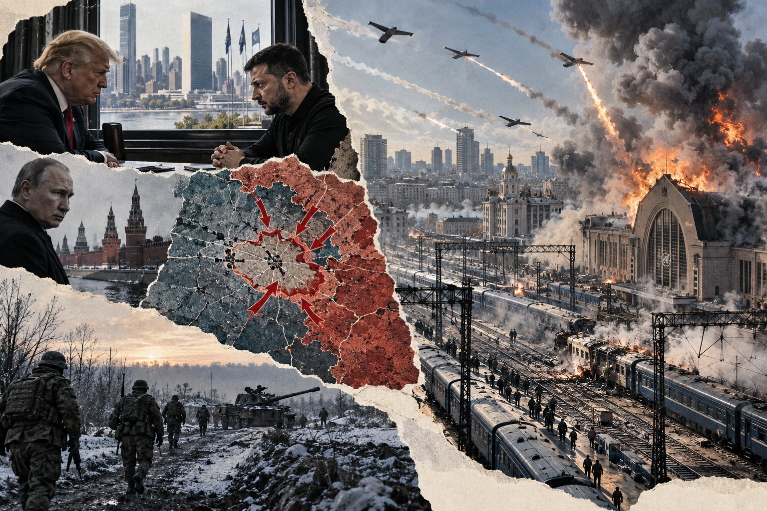 Collage illustration of Kyiv under a Russian daylight attack, pressure on railway infrastructure, the fighting around Dobropillia, and diplomatic tensions between Ukraine, the United States and Russia.
