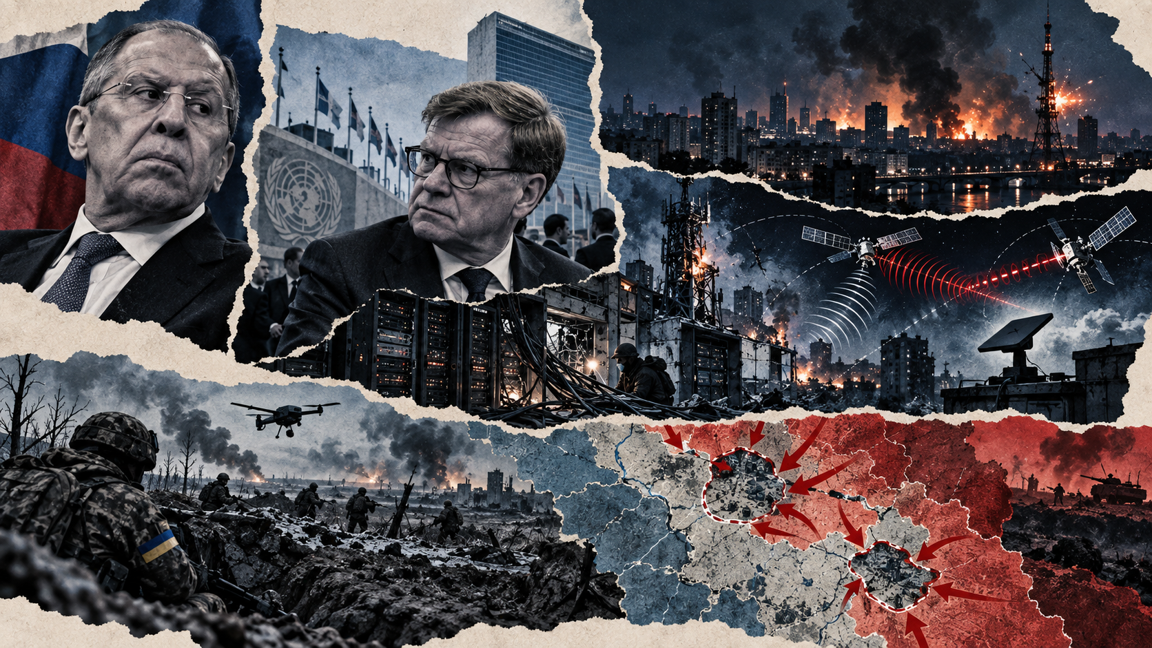 Редакционный коллаж: Сергей Лавров и Йоханн Вадефуль в ООН, повреждённая инфраструктура связи и дата-центров в Киеве, спутниковая связь, карты фронта и украинские солдаты на сжимающихся участках в Донбассе и Харьковской области.