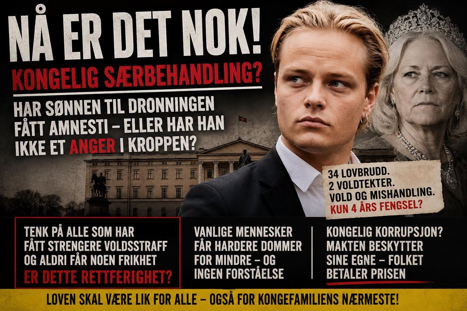 Politisk illustrasjon av Marius Borg Høiby og dronning Sonja foran Slottet, med tekst som stiller spørsmål ved særbehandling, straff, makt og prinsippet om likhet for loven.