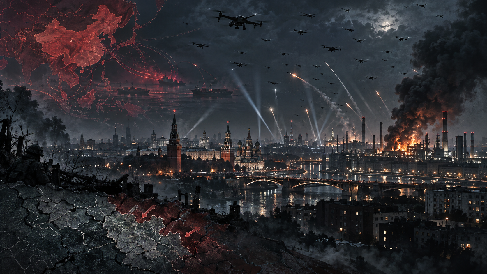 Dramatic night illustration of Moscow under a massive drone attack, with air-defence fire, burning industrial targets, trade links across Asia, and battlefield pressure in northeastern Ukraine.
