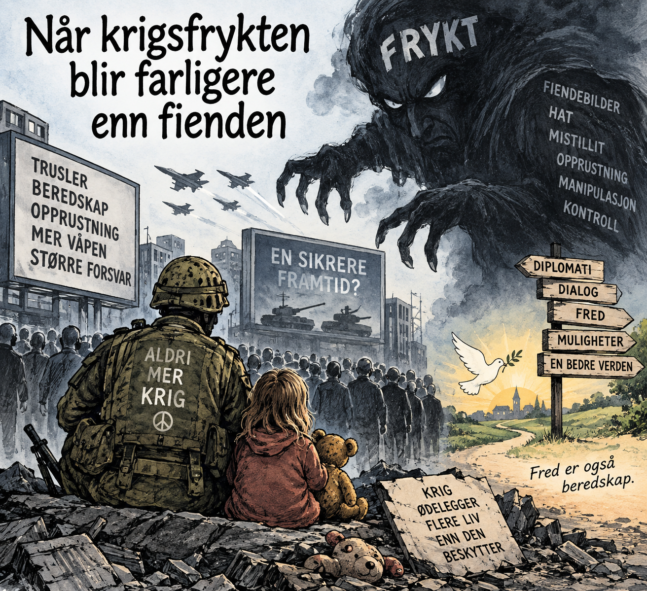 Illustrasjon av en soldat og et barn foran et samfunn preget av krigsfrykt, opprustning og fiendebilder, mens en vei mot diplomati, dialog og fred åpner seg i bakgrunnen.
