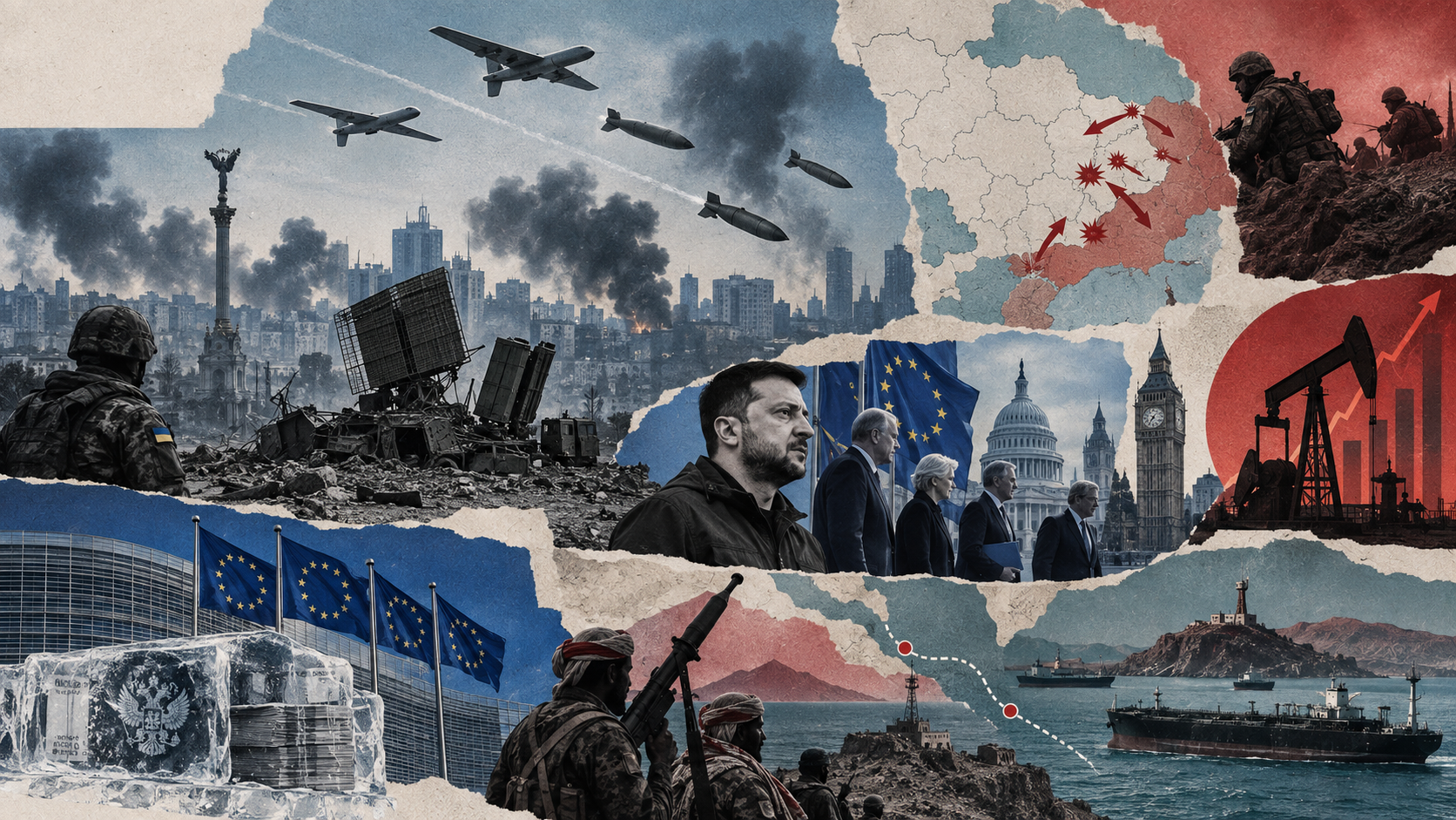Geopolitisk collage med Vladimir Putin i sentrum, ødelagte byområder og militære styrker i Ukraina, kart over frontutviklingen, houthi-styrker ved Rødehavet, BRICS-land og russisk olje- og energiinfrastruktur.