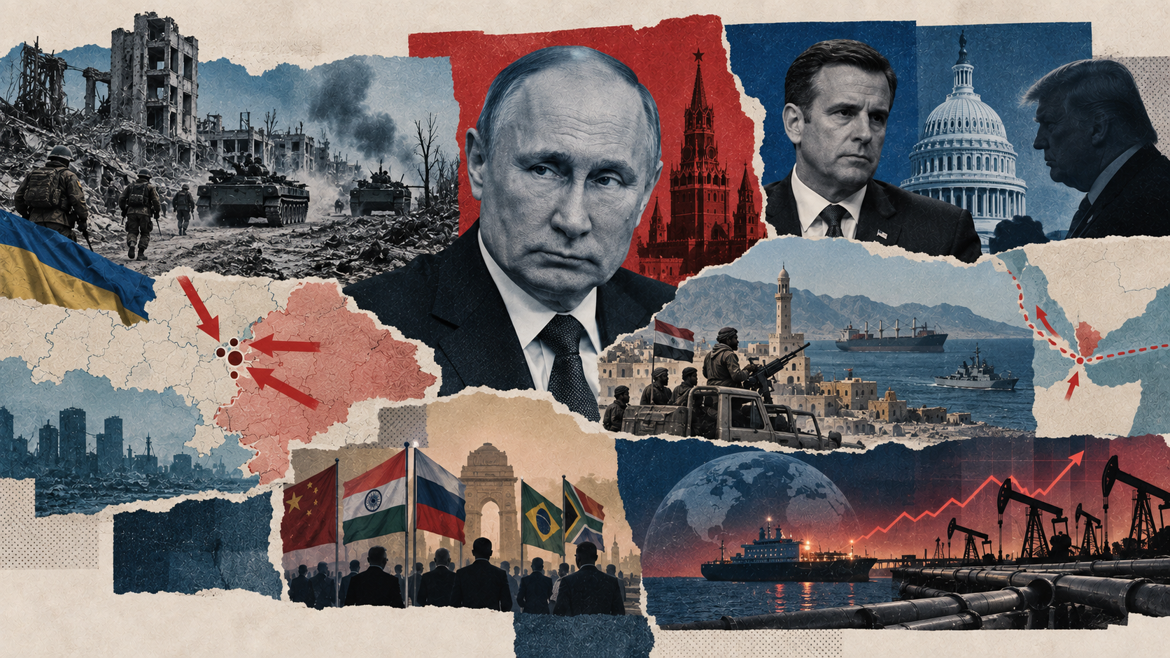 Geopolitisk collage med Vladimir Putin i sentrum, krigsherjede områder i Ukraina, kart over fronten, houthi-styrker ved Rødehavet, BRICS-land og energiinfrastruktur med oljetankere og rørledninger.