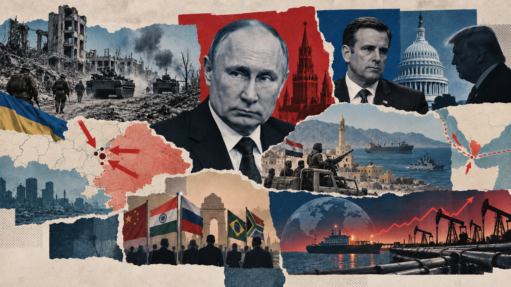 Geopolitical collage with Vladimir Putin at the center, war-torn areas of Ukraine, a front-line map, Houthi forces near the Red Sea, BRICS countries, and energy infrastructure with oil tankers and pipelines.