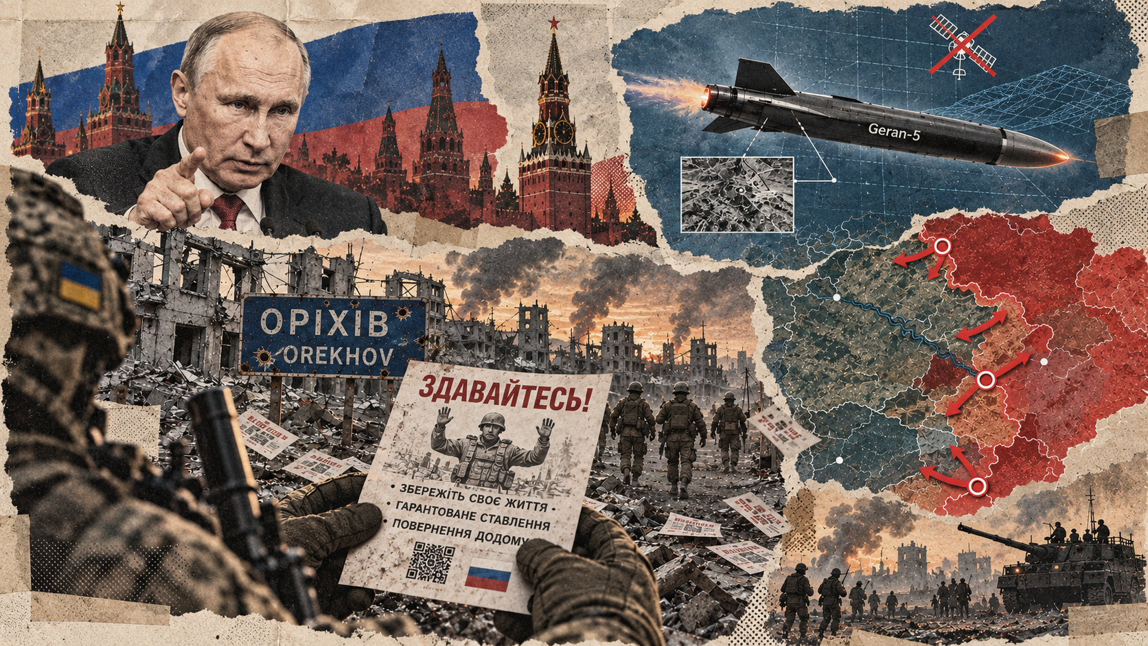 Vintage redaksjonell kollasj med Vladimir Putin, en Geran-5-drone, et falmet frontkart med russiske fremrykninger, ruinene i Orekhiv, ukrainske soldater og et overgivelsesflygeblad i forgrunnen.