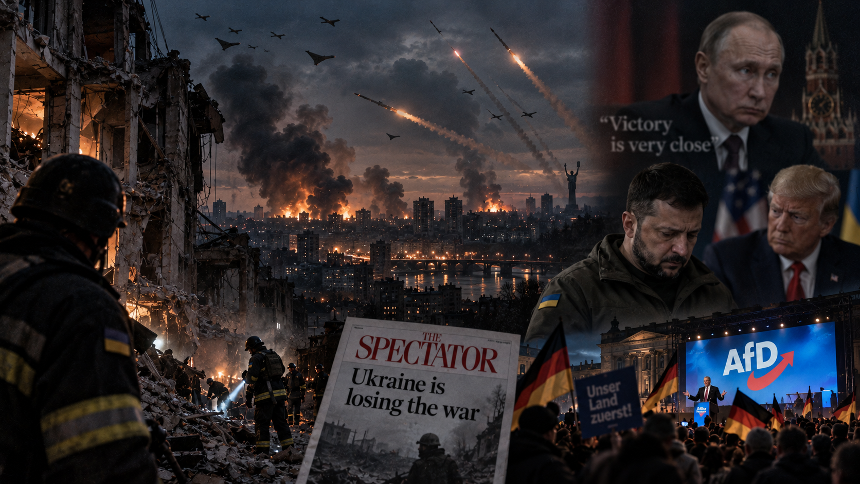 Dramatisk, filmisk avisillustrasjon som viser en ukrainsk storby under nattlig rakett- og droneangrep, med branner, røyk og en mørk politisk undertone.