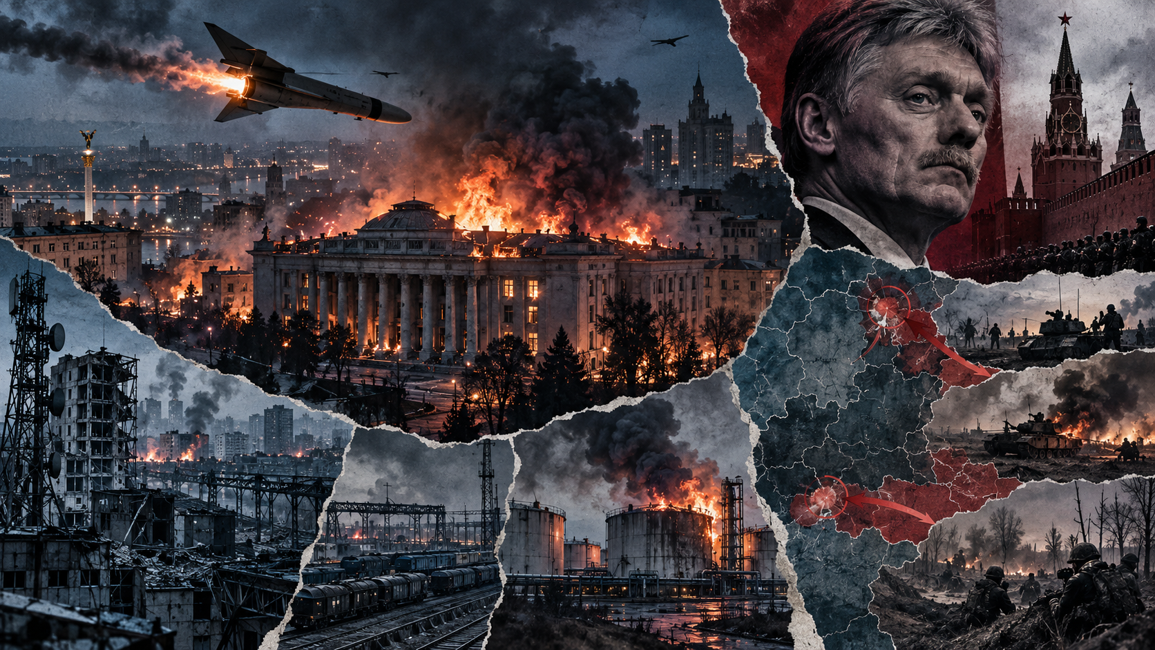 Dramatisk redaksjonell kollasj med brennende bygninger og infrastruktur i Kyiv, Dmitrij Peskov foran Kreml, frontkart over Ukraina og kamper rundt Orekhiv, Dobropillja og Veliky Burluk.