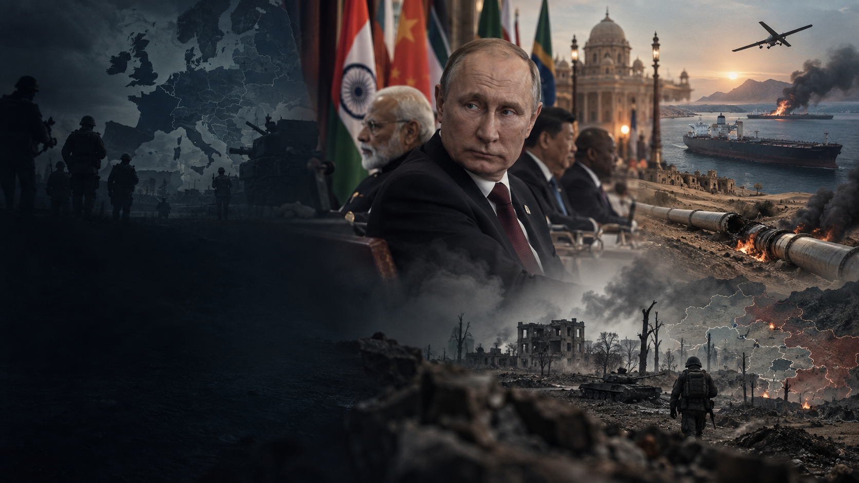 Geopolitisk redaksjonell illustrasjon med Vladimir Putin under et BRICS-toppmøte, europeiske militærsilhuetter, krig i Ukraina, skadet saudisk oljeinfrastruktur, skipstrafikk i Rødehavet og kamper ved fronten nord for Lyman.