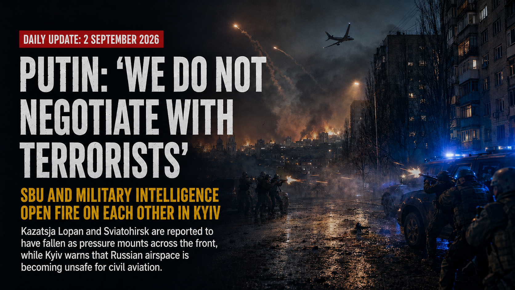 Dark nighttime war illustration of Kyiv showing armed Ukrainian security personnel exchanging fire in a city street, blue emergency lights, fires in the distance, and a civilian aircraft above the city.