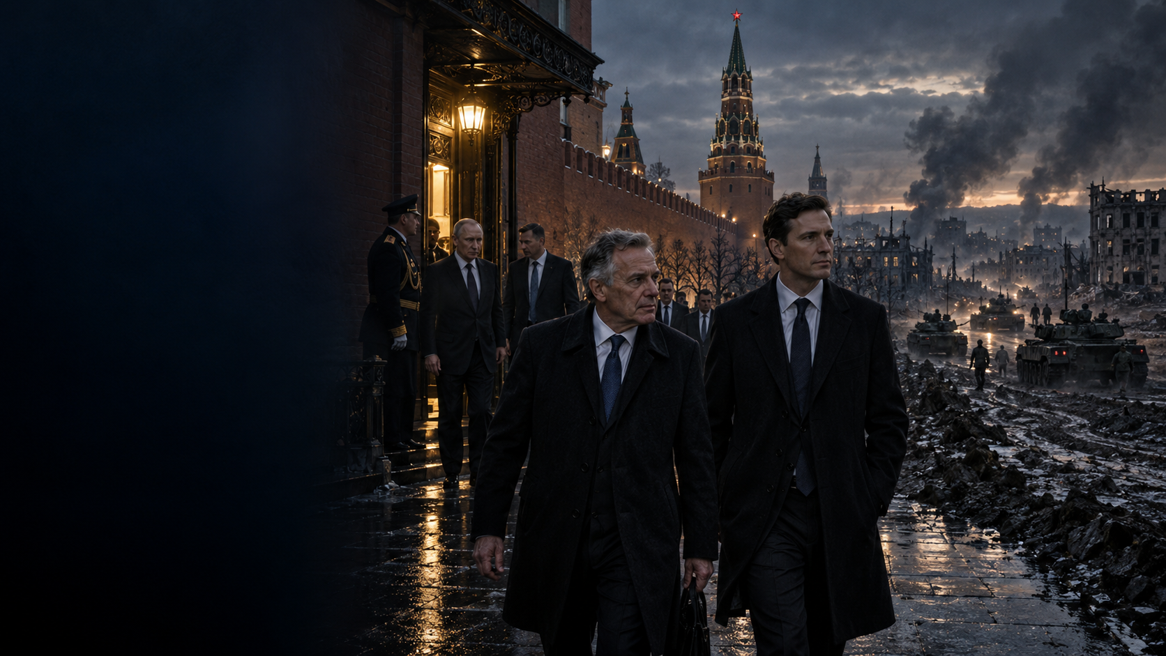 Mørk diplomatisk krigsillustrasjon med amerikanske utsendinger ved Kreml i Moskva, Putin i bakgrunnen og en krigsherjet front med militære kjøretøyer, ruiner og røyk som strekker seg utover byen.