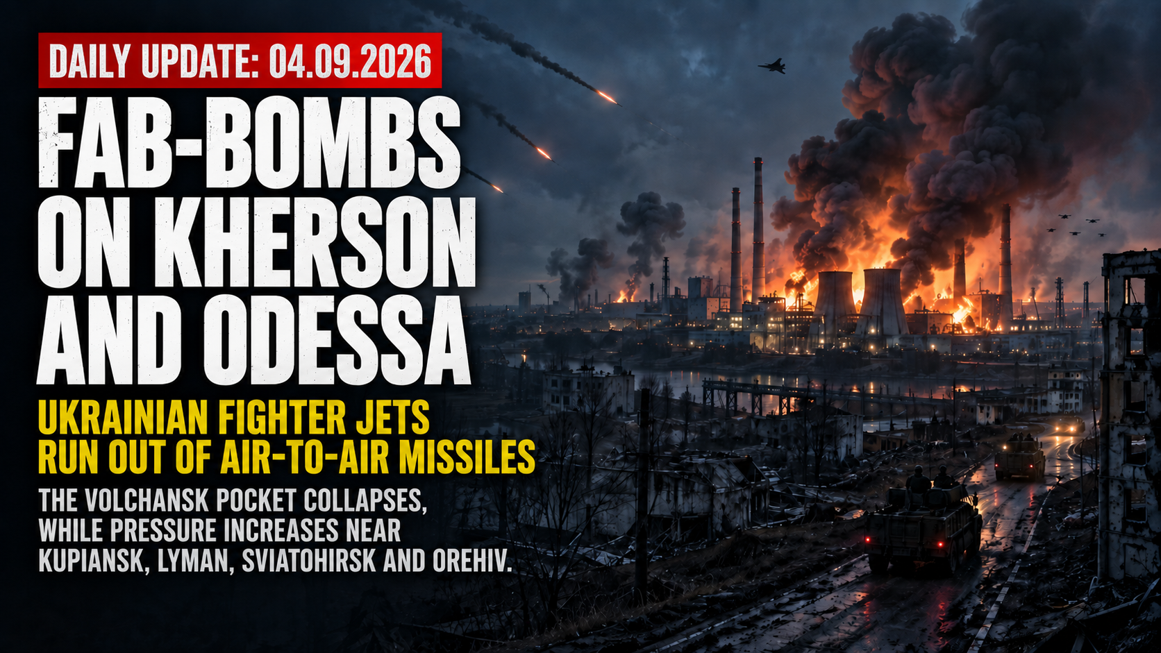 A burning power plant and industrial city under Russian air attack, with missiles, fighter aircraft and military vehicles illustrating the growing pressure on Ukraine’s energy infrastructure and air defenses.