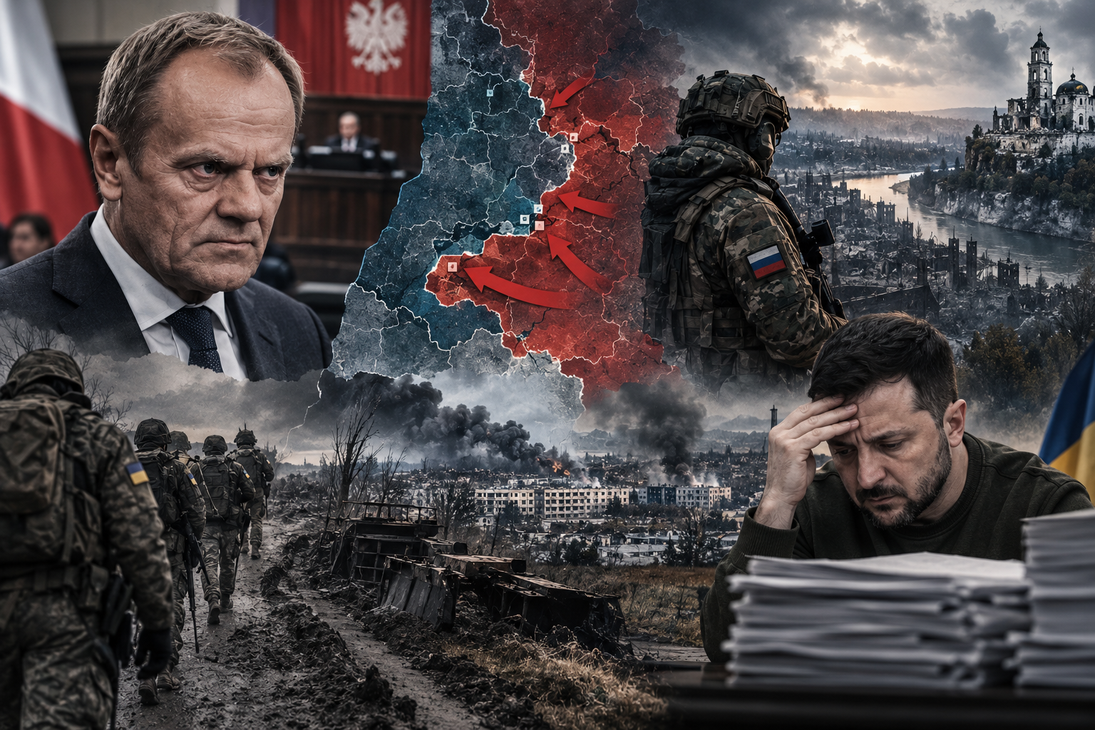 Dramatic collage featuring war ruins, frontline maps, and political power imagery illustrating the fighting around Lyman, Russia’s advance, and Ukraine’s deepening budget crisis.
