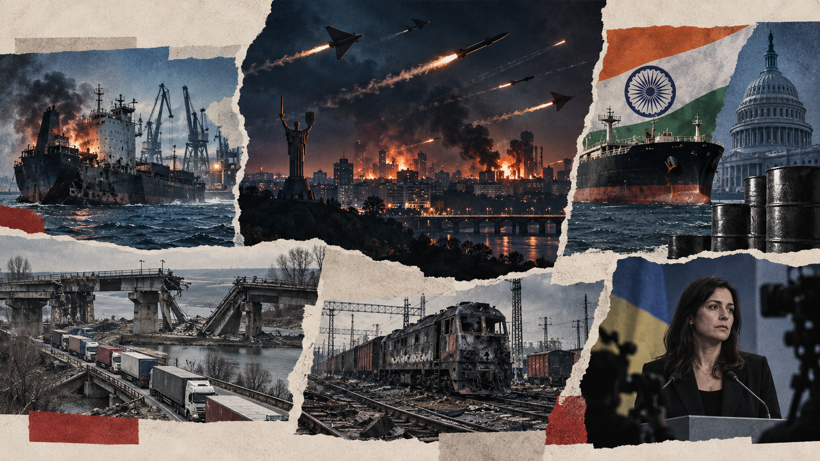 Geopolitical collage showing Russian missile and drone attacks over Ukraine, burning port and industrial targets, damaged bridges and rail links, an Indian tanker alongside Indian and U.S. symbolism, and Yulia Mendel in front of Ukrainian flags.