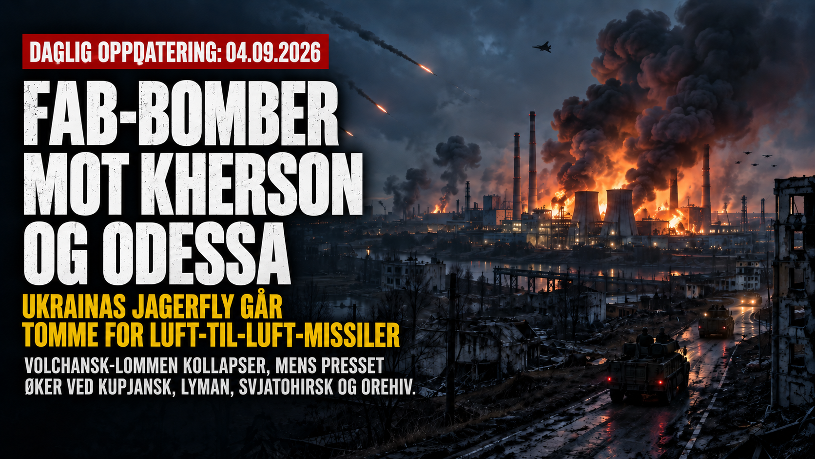Russiske angrep mot energiinfrastruktur i Ukraina illustrert med brennende industriby, missiler, kampfly og militære kjøretøy