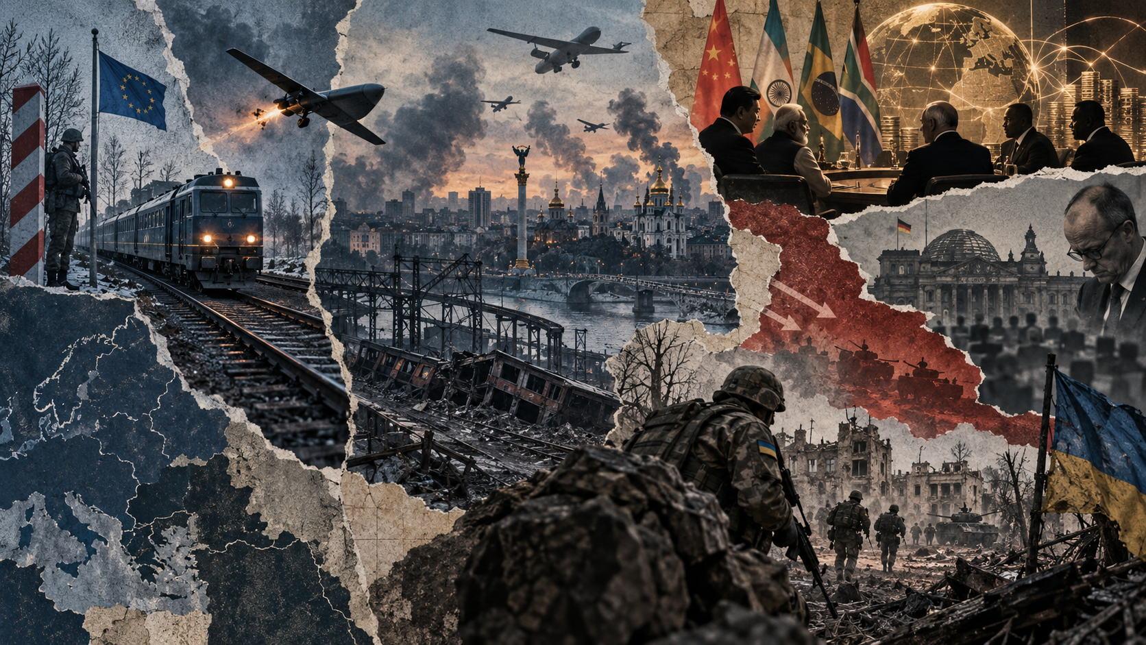 Geopolitisk collage med et diplomatisk tog ved den polsk-ukrainske grensen, russiske droner over Kyiv, ødelagt jernbaneinfrastruktur, ukrainske soldater ved fronten, BRICS-ledere og Friedrich Merz foran Riksdagen i Berlin.
