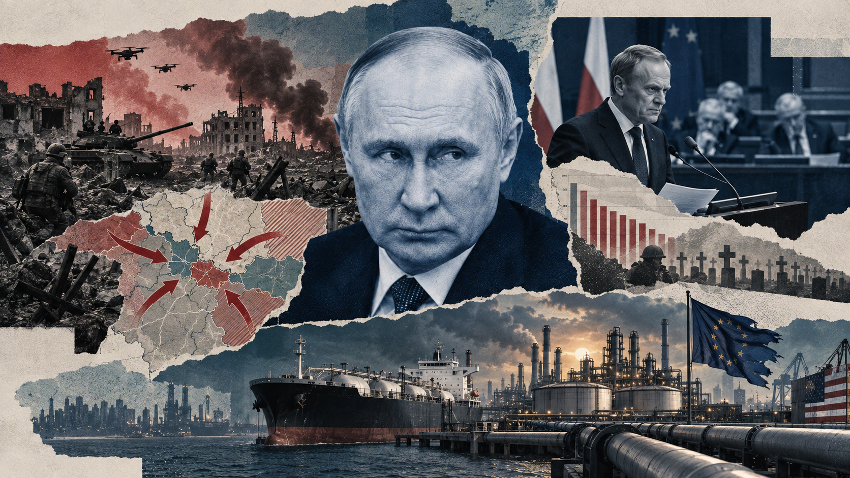 Kollasjillustrasjon med Vladimir Putin i sentrum, krigsruiner, kart over Ukraina med fremrykninger, Donald Tusk, fallende statistikk, gravkors og energihavn med tankskip og revet EU-flagg.
