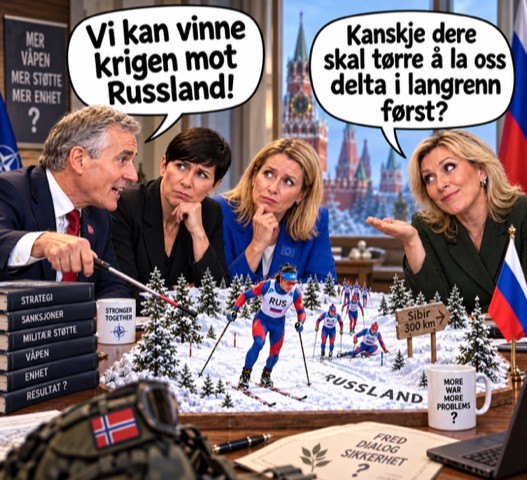 Satirisk illustrasjon av norske politikere rundt en modell av en langrennsløype, der russiske skiløpere konkurrerer mens det diskuteres sanksjoner og norsk medaljefare.