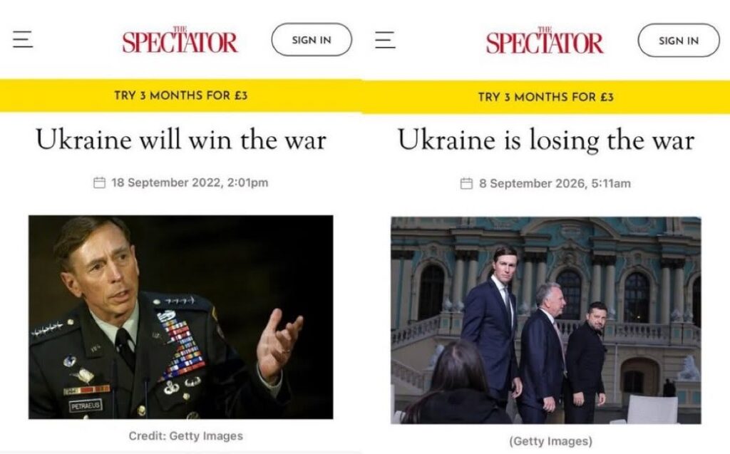 Skjermbilder fra The Spectator med overskriftene «Ukraine will win the war» fra 2022 og «Ukraine is losing the war» fra 2026.