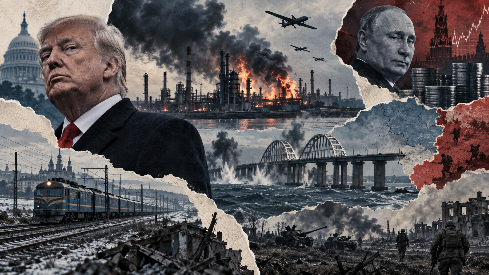 Geopolitical collage showing Donald Trump, burning Russian energy and industrial sites, drones over Ukraine, the Zatoka bridge under attack, rail links to the West, and Russian forces advancing along the front.