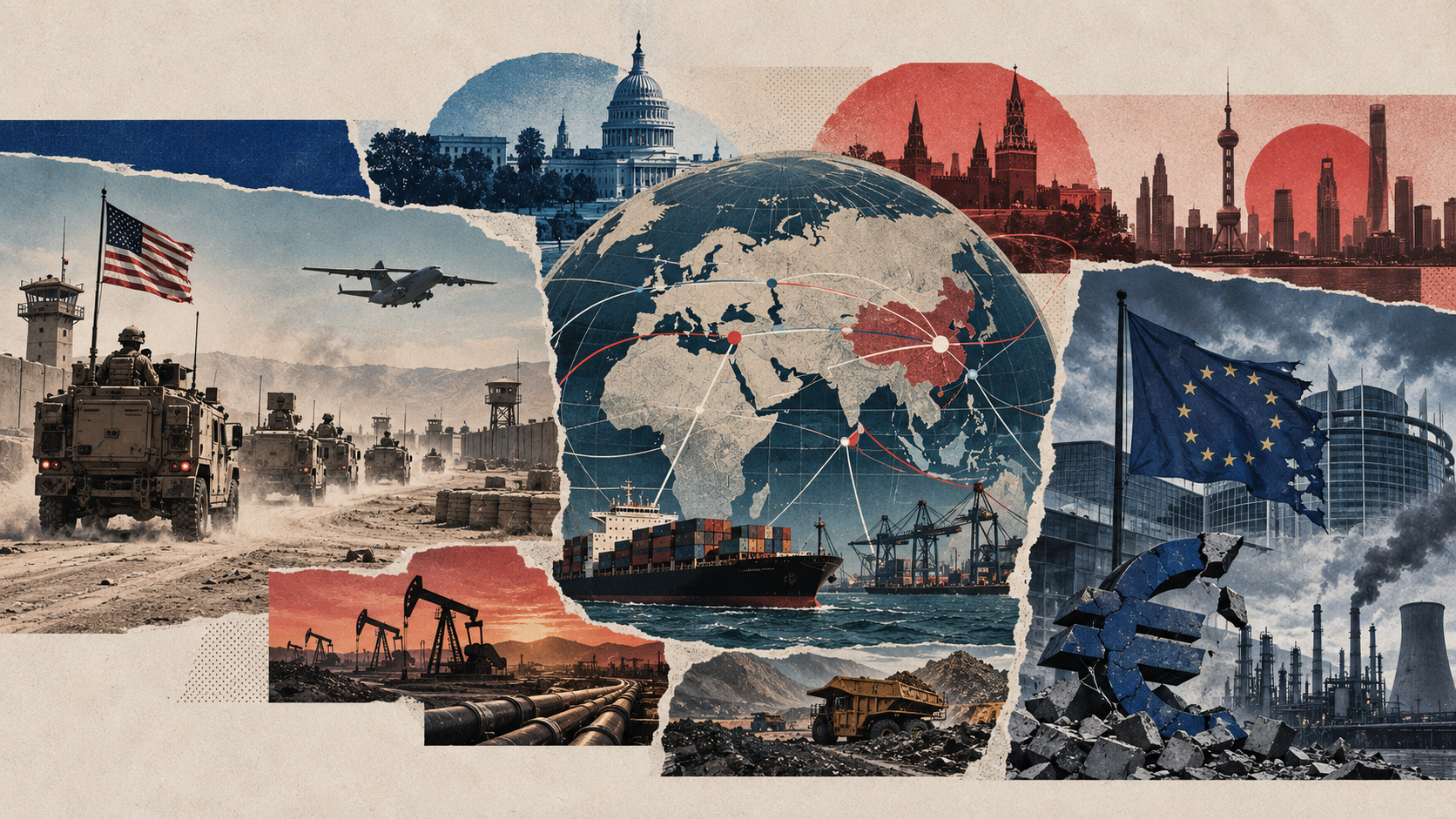 Vintage editorial collage showing a US military withdrawal from the Middle East, a globe linking Washington, Moscow, Beijing and the Global South, oil and mineral infrastructure, cargo shipping, and a weakened Europe represented by a damaged EU symbol and industrial decline.