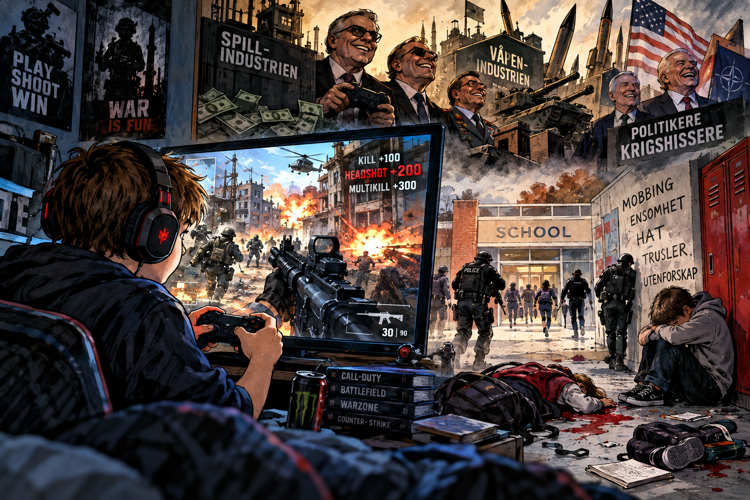 Illustrasjon av en ungdom som spiller et voldelig krigsspill, mens skoleskyting, mobbing, våpenindustri og politisk militarisering fremstilles i bakgrunnen.