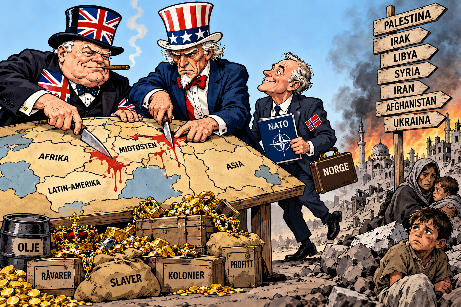 Politisk satiretegning der Storbritannia og USA skjærer i et verdenskart med blodige kniver, mens en norsk NATO-representant står ved siden av. I forgrunnen ligger gull, olje og symboler på kolonial utbytting, mens krigens sivile ofre vises i bakgrunnen.