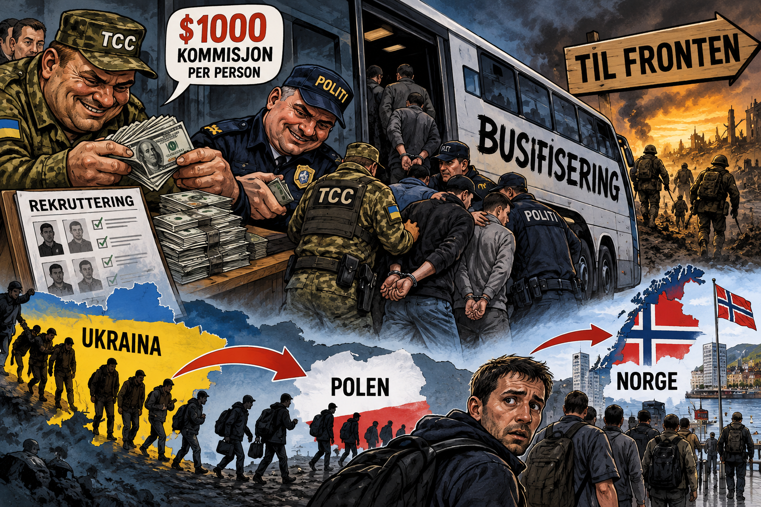 Illustrasjon av ukrainsk mobilisering og «busifisering», med rekrutteringssentre, politi, buss og ukrainske menn på vei gjennom Polen mot Norge.