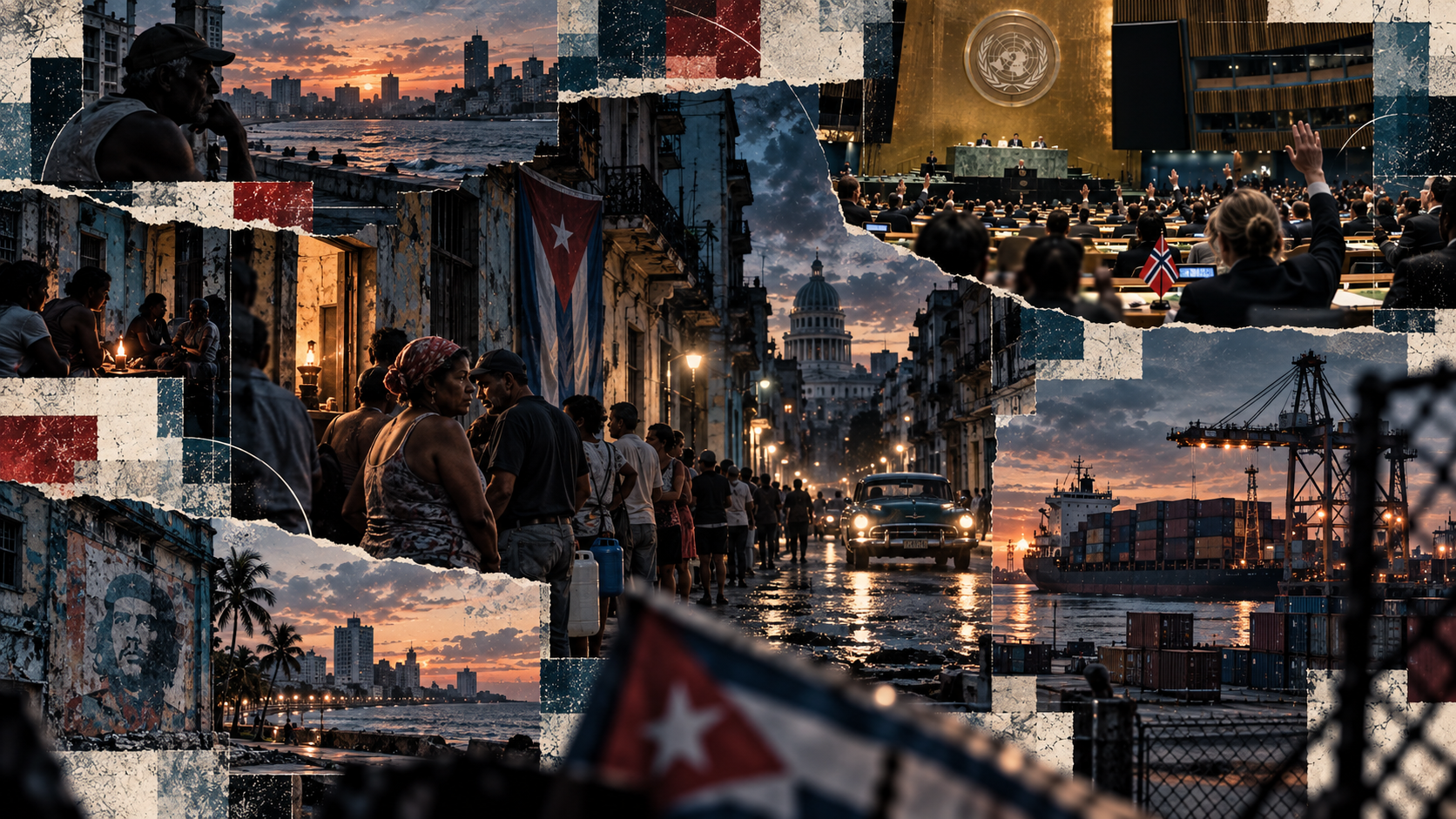 Redaksjonell kollasj med mennesker i Havanna under strømbrudd, kubanske flagg, havnecontainere og handelsskip, samt FNs generalforsamling der Norge stemmer sammen med et stort flertall mot USAs blokade av Cuba.