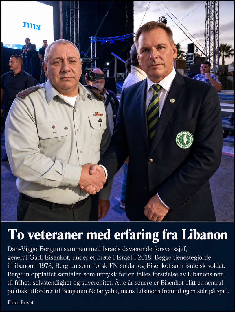 Dan-Viggo Bergtun håndhilser på Israels daværende forsvarssjef, general Gadi Eisenkot, under et møte i Israel i 2018. Begge tjenestegjorde i Libanon i 1978.