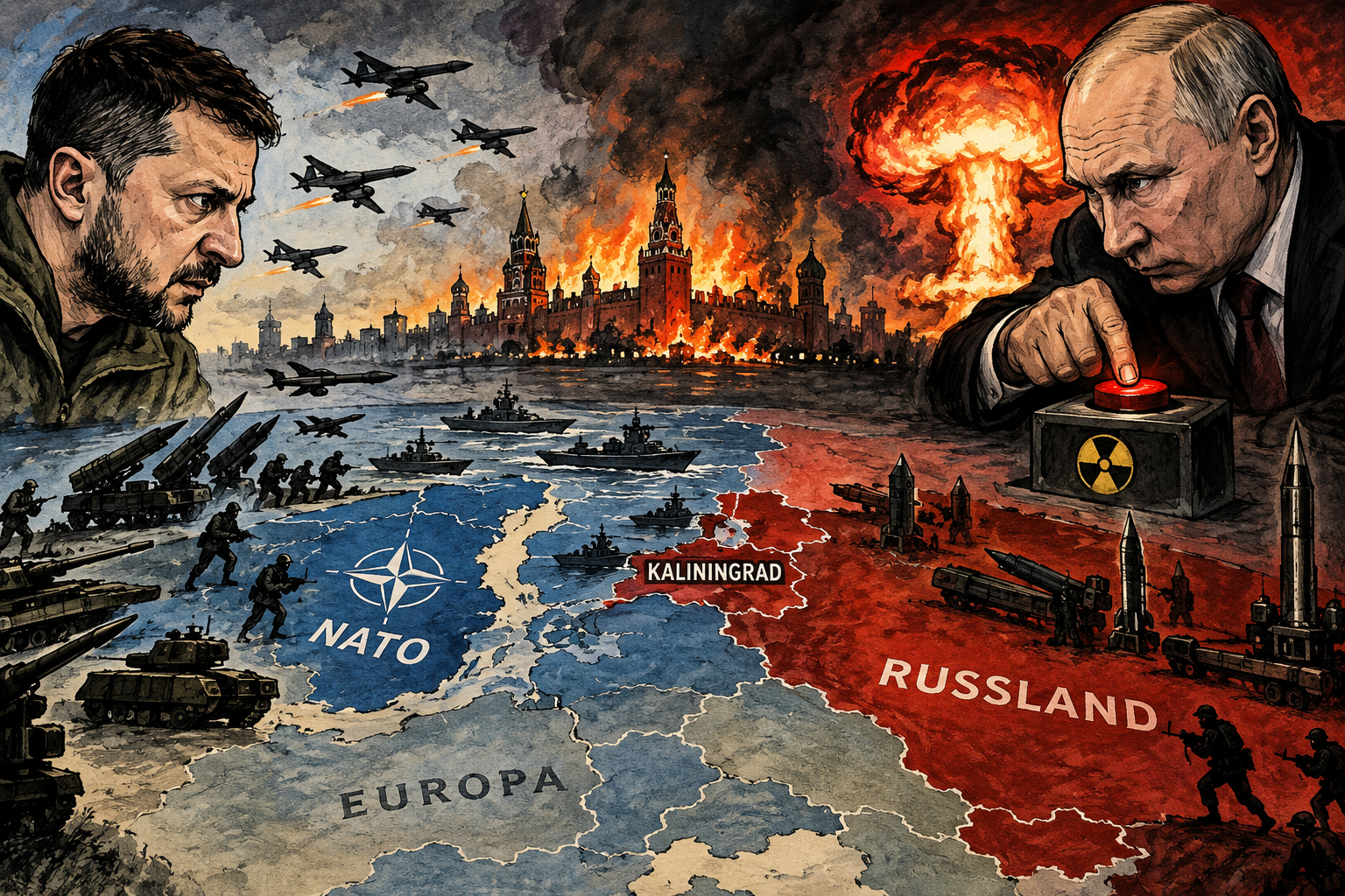 Illustrasjon av eskalering mellom NATO og Russland, med Moskva i brann, Kaliningrad markert på kartet og Vladimir Putin ved en atomknapp.