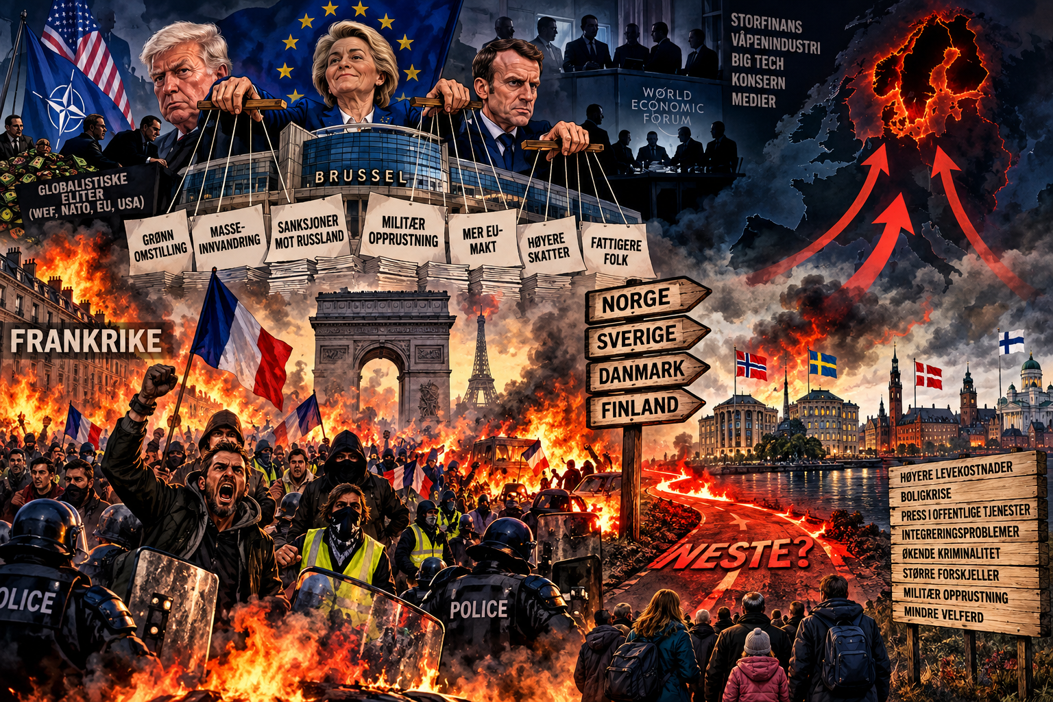 Politisk illustrasjon av sosial uro i Europa, med demonstrasjoner og brennende barrikader i Frankrike, EU-ledere over Brussel og piler som peker mot Norden.