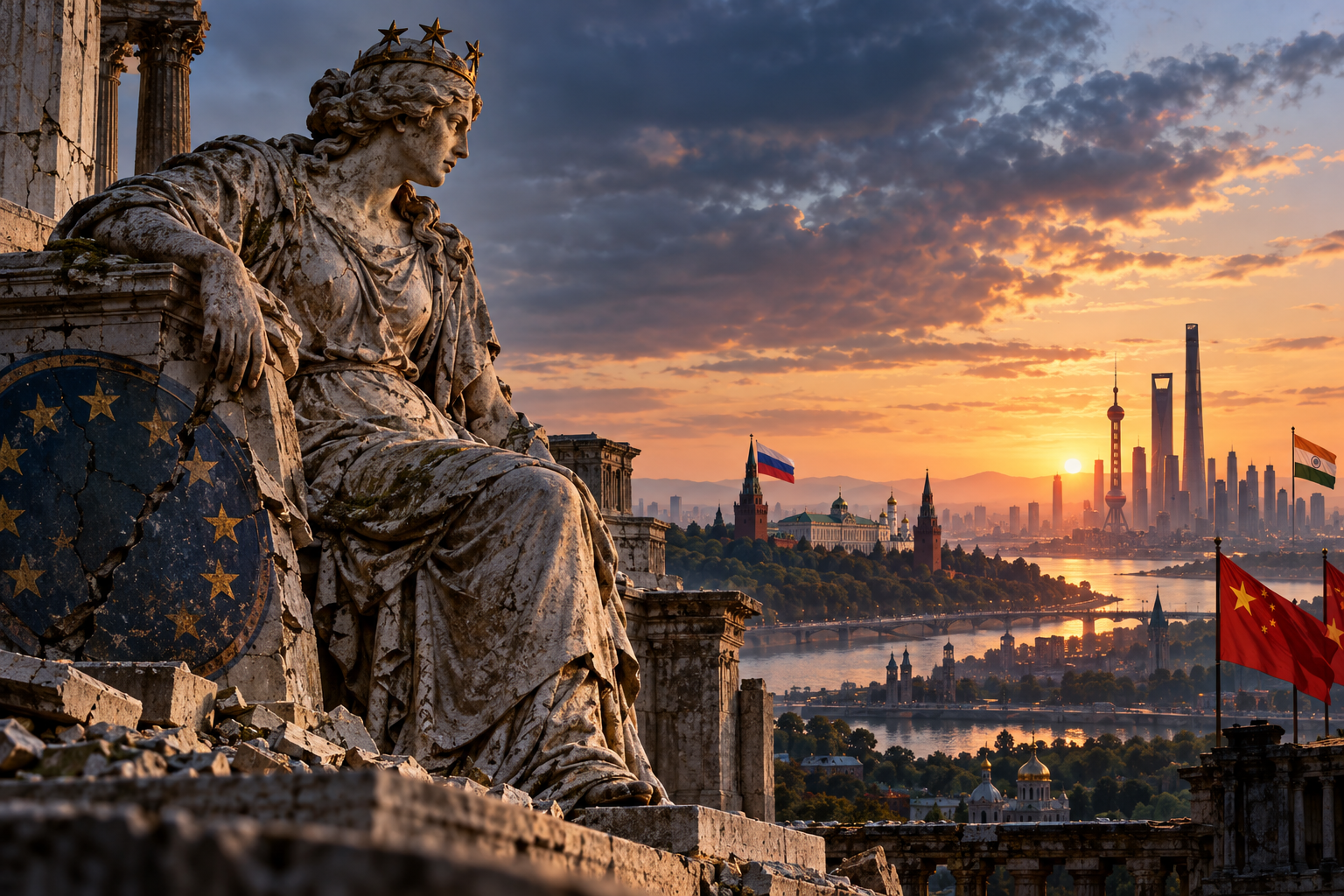 En værbitt statue som symboliserer Europas synkende innflytelse har utsikt over en stigende asiatisk silhuett, med russiske, kinesiske og indiske flagg som representerer den fremvoksende multipolare verdensordenen.