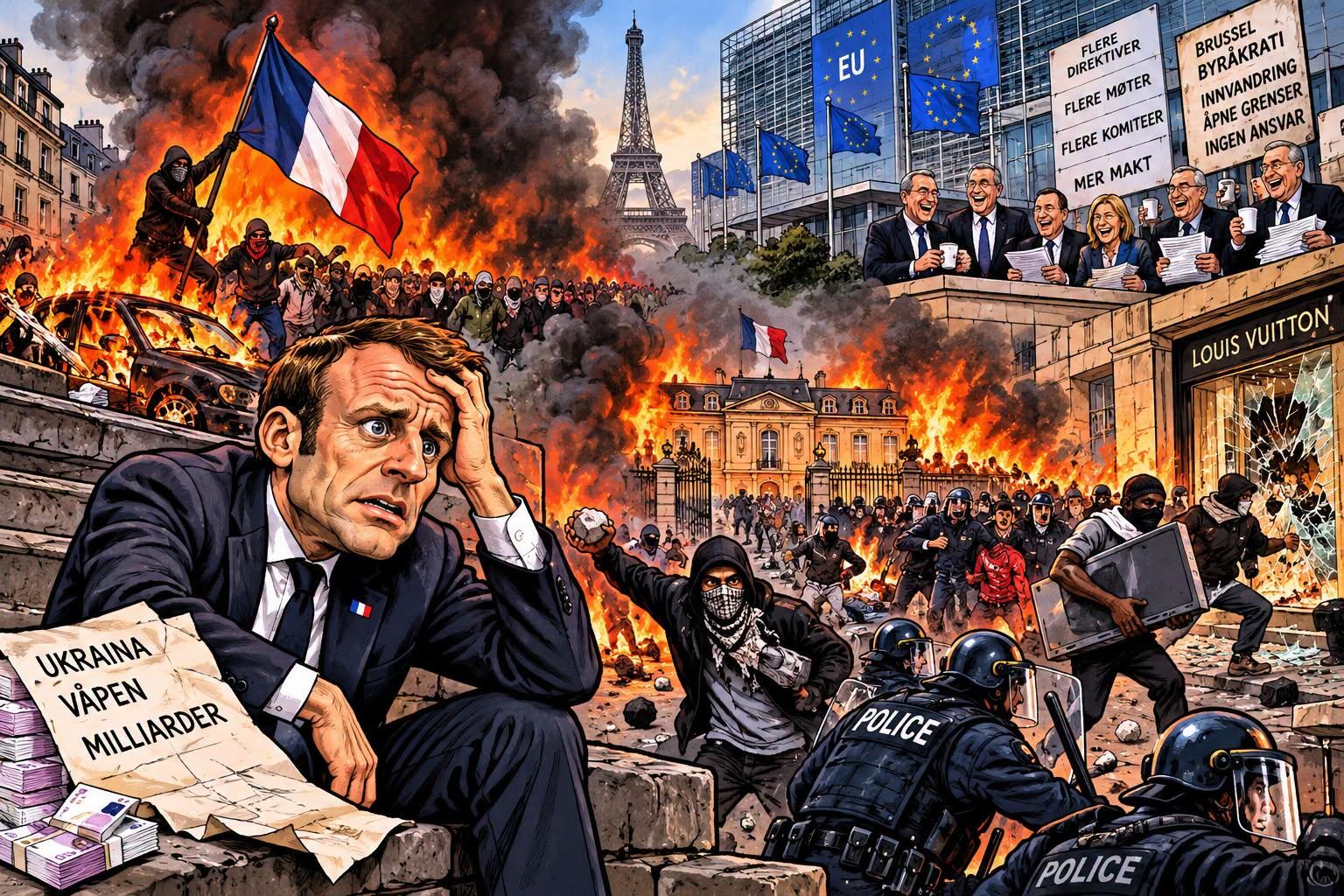Satirisk illustrasjon av Emmanuel Macron som sitter fortvilet foran et brennende Paris, omgitt av demonstranter, opprørspoliti og ødeleggelser. I bakgrunnen skåler EU-byråkrater mens Eiffeltårnet står innhyllet i røyk.