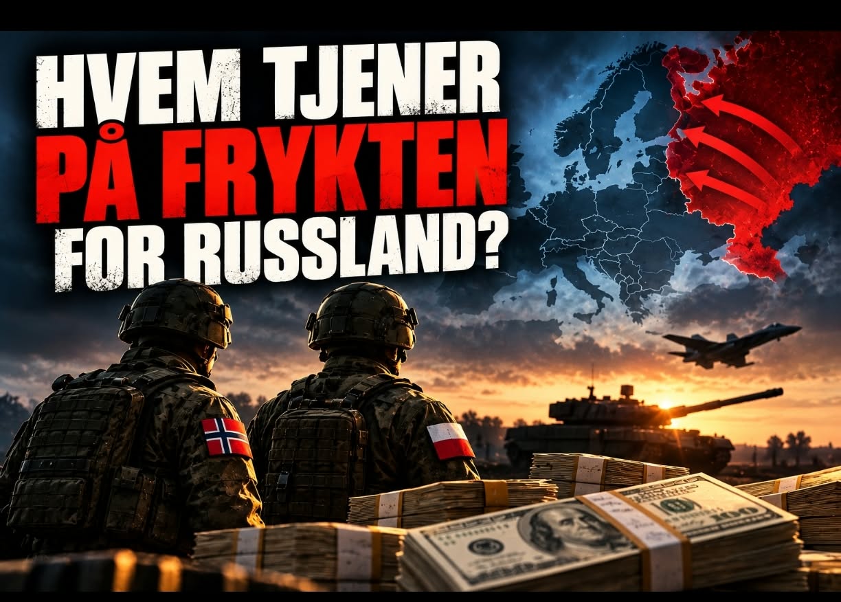 Politisk illustrasjon med norske og polske soldater foran stridsvogner, kampfly og store pengesummer. I bakgrunnen vises et Europakart med røde piler fra Russland og overskriften «Hvem tjener på frykten for Russland?».