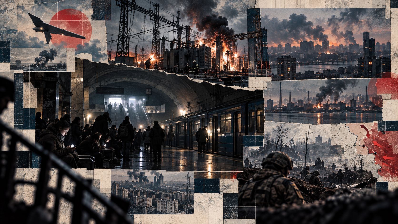 Redaksjonell kollasj med mørklagt Kyiv, stanset metro, brennende elektrisk understasjon, russiske luftangrep mot Zaporozje og ukrainske stillinger, samt frontscener fra Kharkov-regionen.