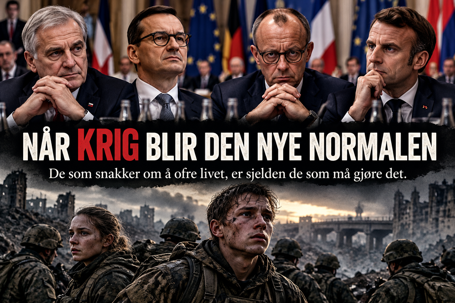 Fire europeiske politiske ledere over en scene med unge soldater i et krigsherjet bylandskap. Illustrasjonen setter politiske beslutningstakere opp mot dem som må bære krigens konsekvenser.