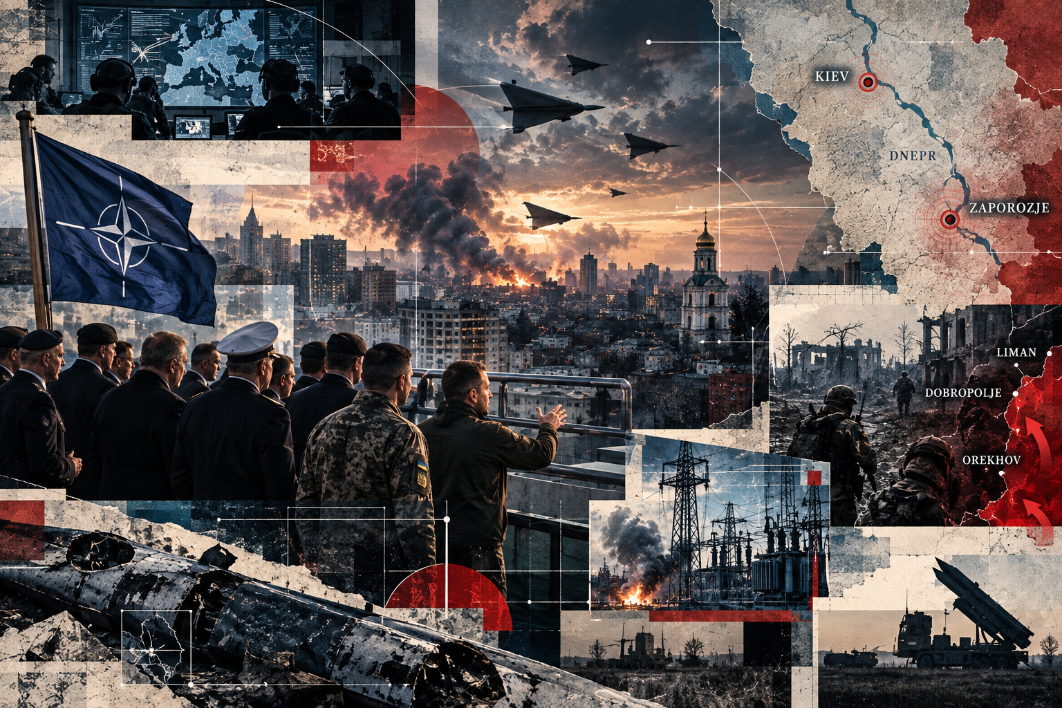 Redaksjonell kollasj med NATO-representanter i Kyiv, russiske luftangrep over byen, kart over Dnepr og frontområdene, skadet energiinfrastruktur og russiske styrker ved Liman, Dobropillja og Orekhiv.
