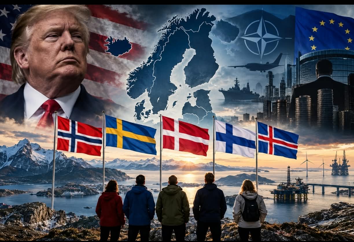 Donald Trump foran det amerikanske flagget, et kart over Norden og de fem nordiske landenes flagg, med NATO- og EU-symboler i bakgrunnen.