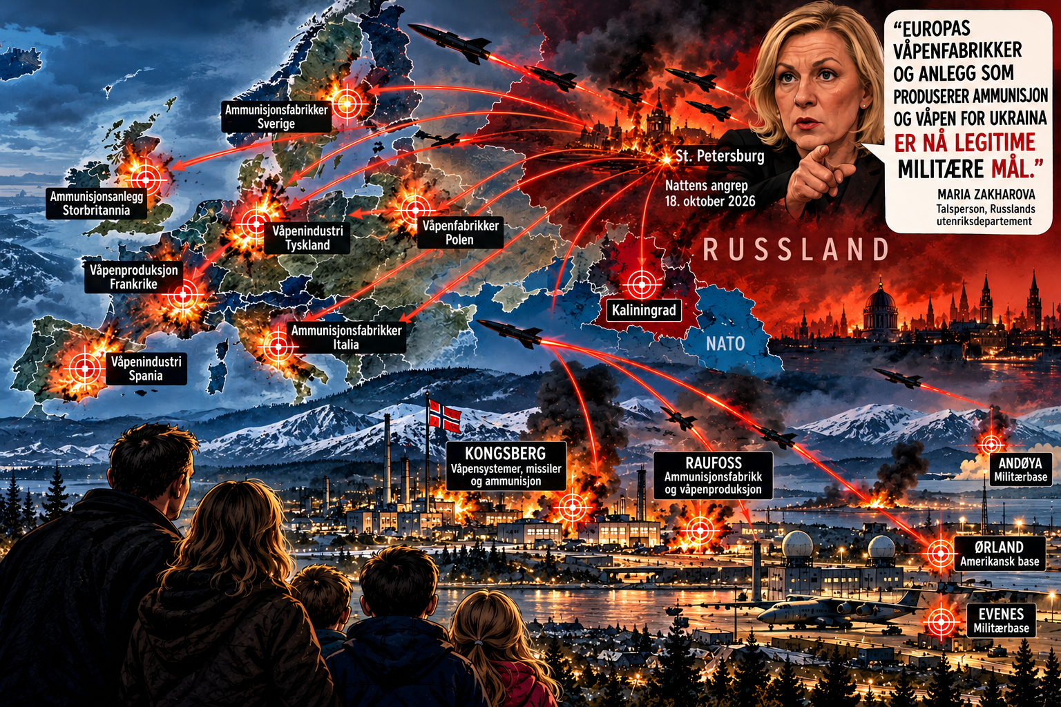 Redaksjonell kollasj med brennende kraft- og industrianlegg i Ukraina, skadet jernbane, dronesvermer over byområder, russisk oljeinfrastruktur i brann og frontkart som viser økende press i øst.