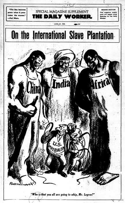 Robert Minor's 1925 political cartoon showing China, India and Africa as towering figures looking down on the smaller figures of American, British and French imperialism.