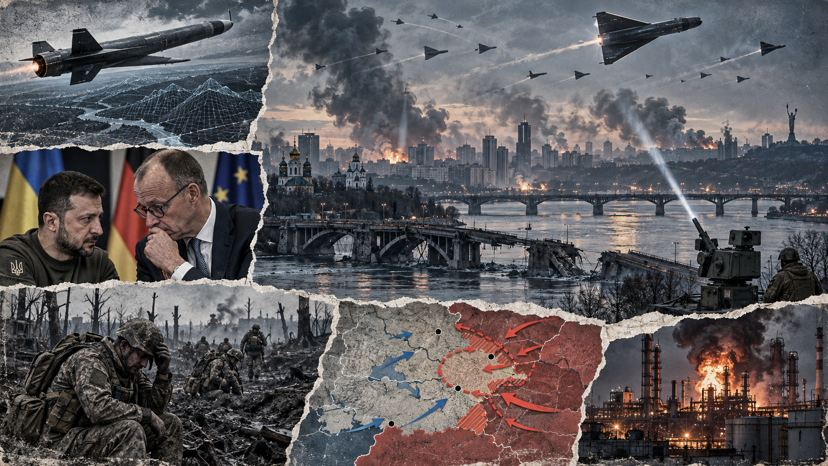 Redaksjonell kollasj med russiske missiler og jetdrevne droner over Kyiv, skadde broer over Dnepr, ukrainske styrker ved fronten, kart over kampene ved Liman og Dobropillja samt et brennende russisk raffinerianlegg.